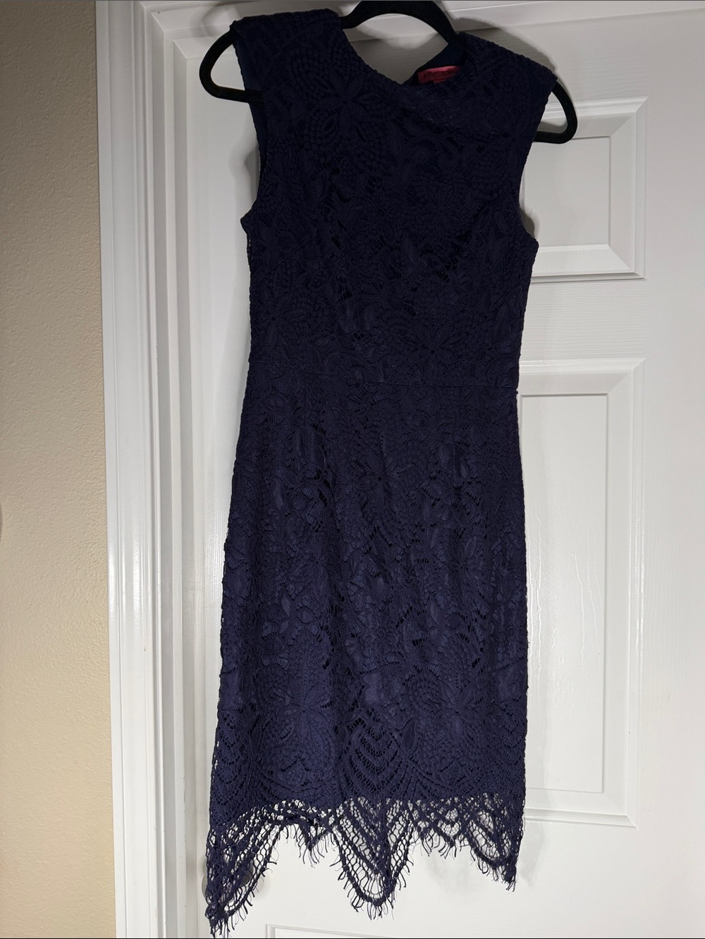 Betsey Johnson Navy Lace Midi Dress with Fringe Hem